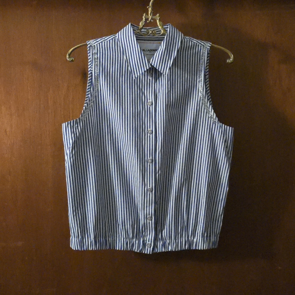 Karl Lagerfeld Paris Sleeveless Stripe Button Up Embellished Top